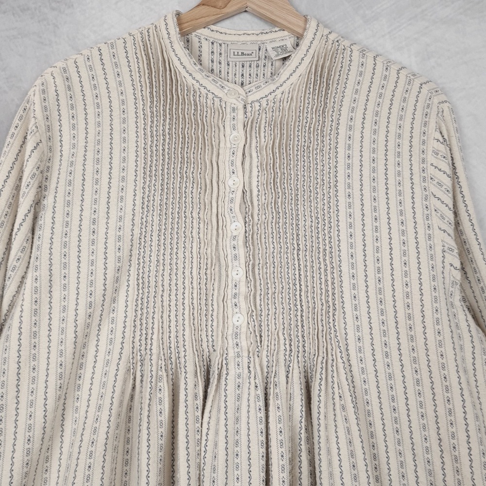 LL Bean Dobby Nightgown Womens XL White Blue Flannel Prairie Cottagecore Modest